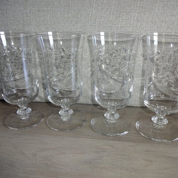 Set of 4 Vintage Libbey Rock Sharpe ? Etched Iced Tea Water Glasses Flowers - Picture 3 of 9